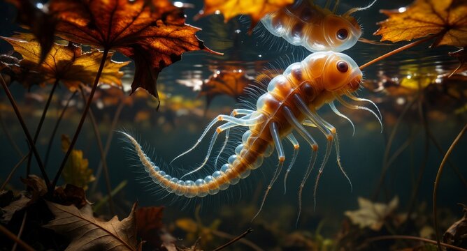Autumnal underwater scene featuring translucent, bioluminescent aquatic insects swimming among fallen golden leaves.