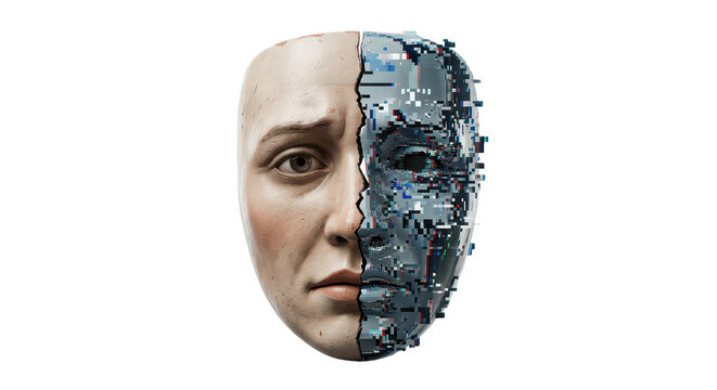 A human face partially transformed into a digital, glitching robotic mask, blending organic features with technological elements.