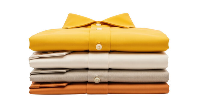 A stack of four neatly folded mens dress shirts in various colors including yellow, white, grey, and orange isolated on transparent background