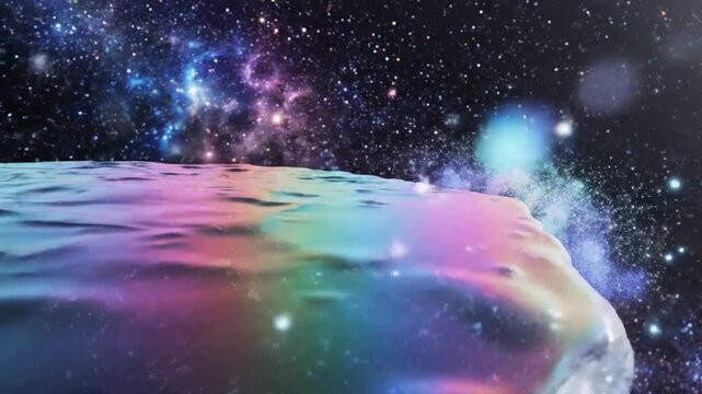Iridescent crystal platform floating in dark deep space with stars