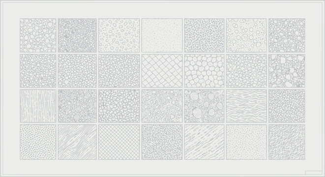 Technical CAD hatch pattern library featuring diverse stone and aggregate textures for professional landscape architecture and site planning documentation in grayscale
