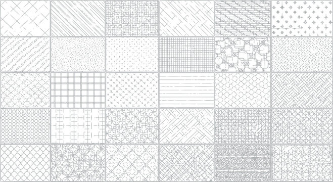 Comprehensive collection of architectural CAD hatch patterns and technical line art textures for professional landscape design and structural drawing documentation in black and white