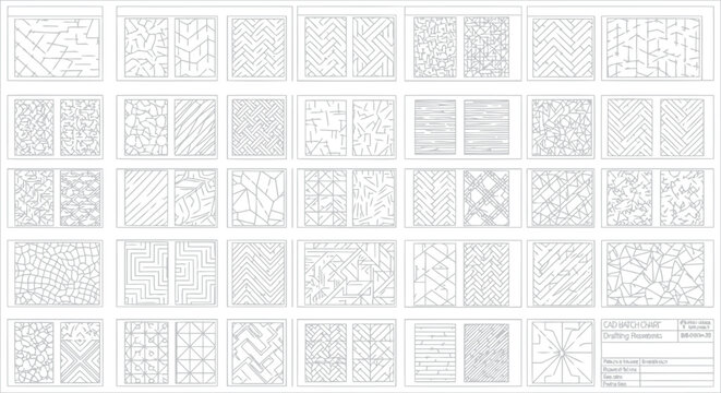 Technical CAD hatch pattern reference chart for architectural drafting and landscape design featuring a variety of complex line art textures in a grid format