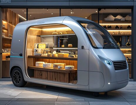 Sleek Silver Futuristic Food Truck Mobile Shop Smooth Curves Large Windows Warm Lighting Cheese Display Gourmet Mobile Commerce Stock Image 2026 2027 Trending SEO for Adobe Stock Top Ranking