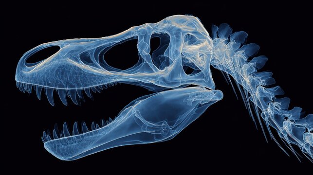 X-ray image of a tyrannosaurus rex dinosaur skeleton showing skull, teeth, and bones for science and paleontology