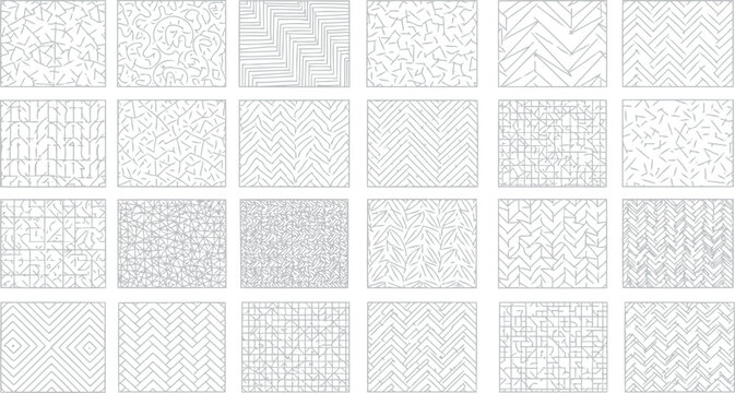 Intricate herringbone and woven line patterns arranged in a structured grid for modern interior and textile design applications