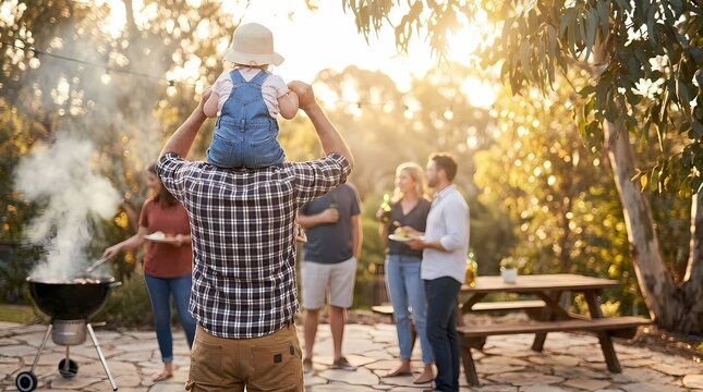 Family gathers outdoors for barbecue with man holding child on shoulders near grill on sunny day in park with trees and picnic table