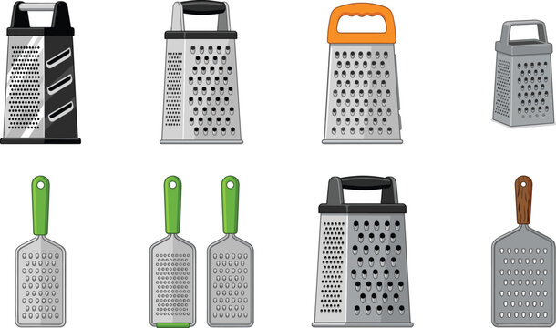 Kitchen cheese grater vector icon set featuring box graters, hand zesters with green and wooden handles