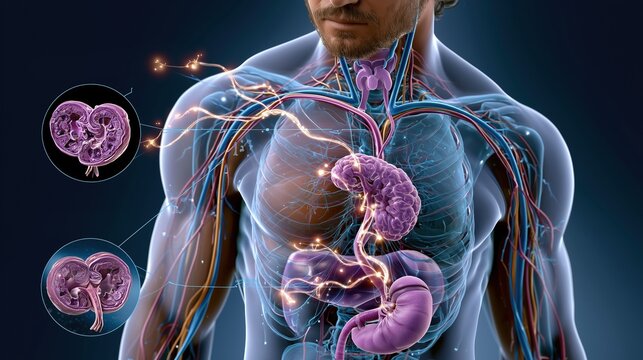 Full male anatomical figure with highlighted endocrine system showing pituitary gland hypothalamus testes hormonal axis, glowing pathway lines indicating testosterone FSH LH hormone signaling cascade