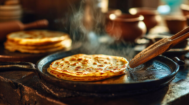 Traditional homemade one paratha cooking scene with layered flatbread sizzling on hot tawa, golden crispy edges and detailed flaky texture, warm sunlight entering cozy kitchen, close-up hands brushing