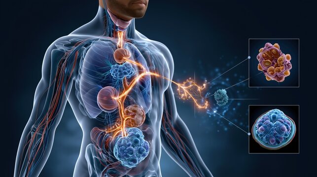 Medical illustration of a male figure highlighting the pituitary&ndash;testes hormonal axis, with glowing pathways showing testosterone, FSH, and LH signaling.