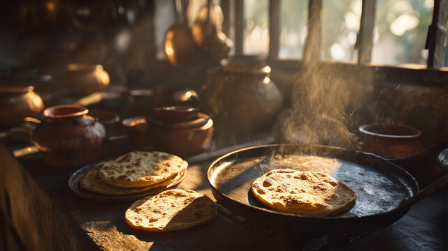 Authentic village-style roti frying scene with freshly puffed chapati on hot iron pan, warm sunlight illuminating detailed wheat bread texture, steam rising naturally, 