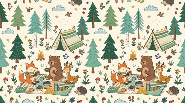 Fox, bear, and deer share a picnic with berries, bread, and drinks near a campfire and tent