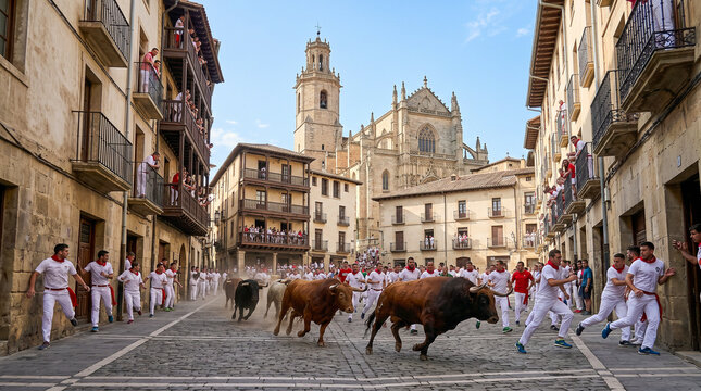 Encierro tradicional frente a un destacado monumento hist&oacute;rico espa&ntilde;ol.