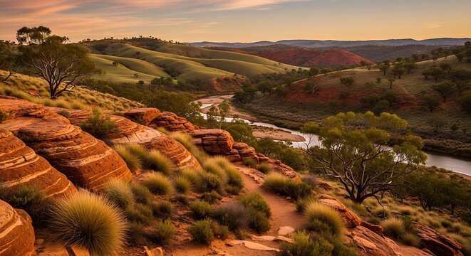 Scenic landscape of the australian outback with river and hills