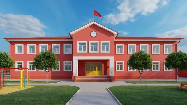 Red School Building Exterior with Playground and Green Lawn