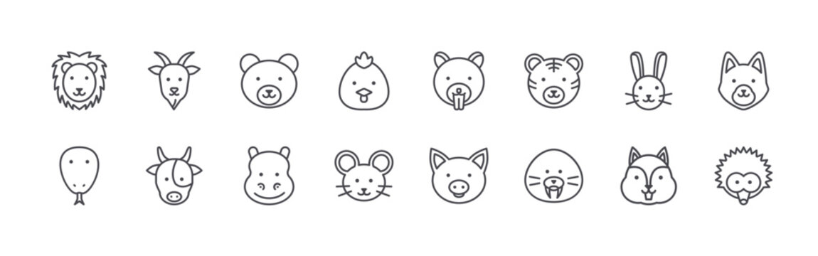 Modern set of 16 thin outline Animal Cute Face icons. Vector signs such as lion face, snake face, goat face, cow bear isolated on white