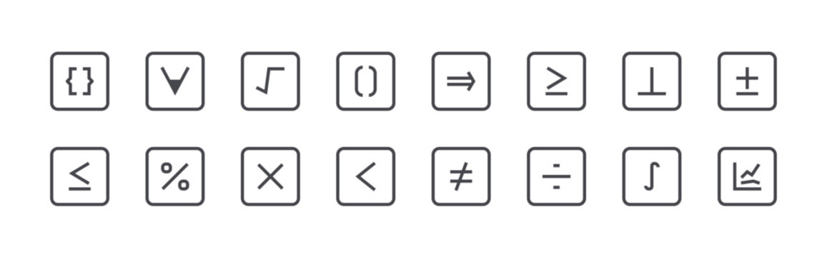 Modern set of 16 thin outline Math Symbol icons. Vector signs such as curly brackets, less than or equal to, for all, percent, square root isolated on white