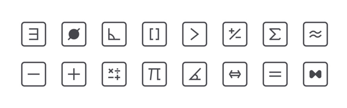 Modern set of 16 thin outline Math Symbol icons. Vector signs such as exists, minus, empty set, plus, right angle isolated on white