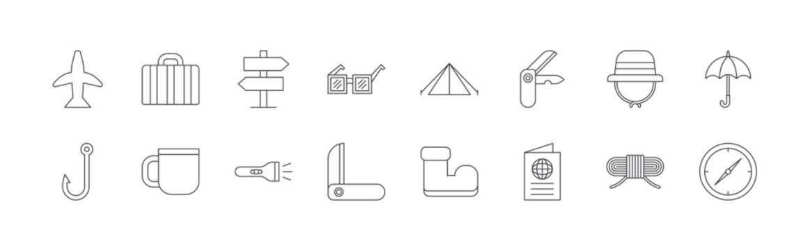 Modern set of 16 thin outline Traveling icons. Vector signs such as airplane, fishing hook, briefcase, mug, road sign isolated on white