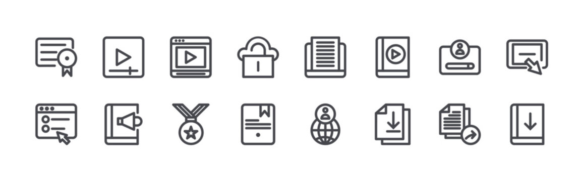 Modern set of 16 thin outline Online Learning icons. Vector signs such as certificate, click arrow, video clip, audio guide, video player isolated on white