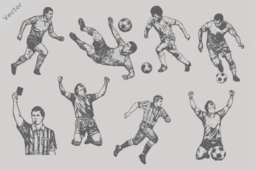 soccer players in action and a referee with a red card sketched engraving style vector illustration. © SAGOR