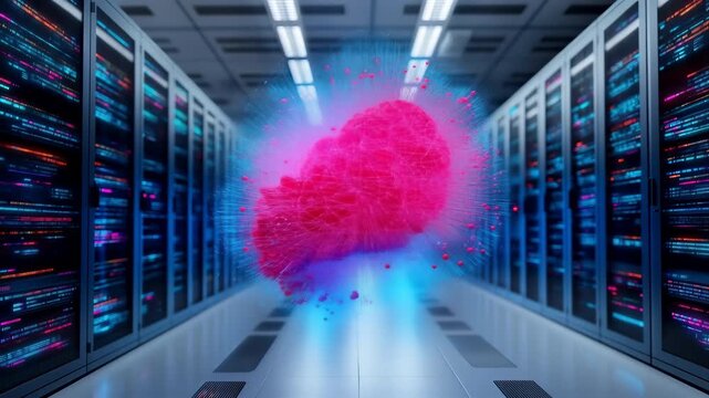 Artificial intelligence concept showing a glowing pink digital brain floating inside a futuristic dark computer server room hallway
