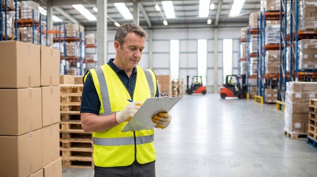 Warehouse employee checking inventory near stacked boxes
