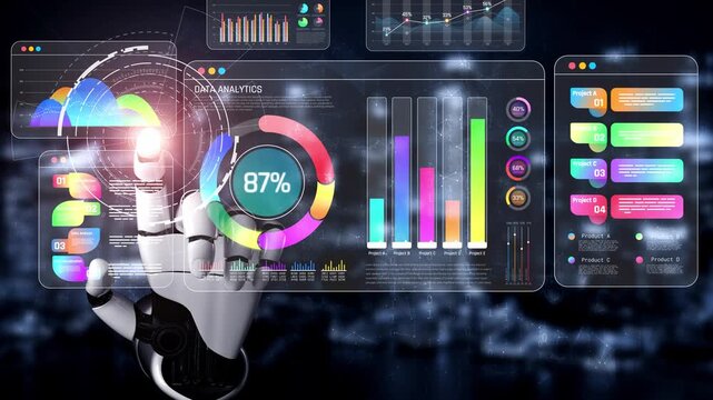 Futuristic Interface Display of Data Analytics with Robotic Hand Interacting and Visualizing Colorful Graphs and Metrics in a High-Tech Environment Sigmoid