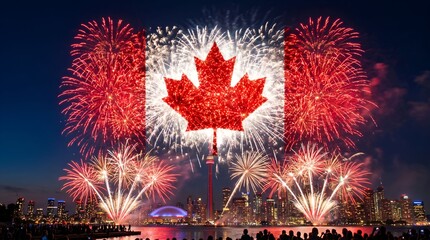 Naklejka premium Canadian flag shaped fireworks display over city skyline at night