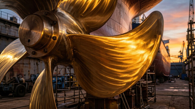 Large golden ship propeller in a shipyard during sunset