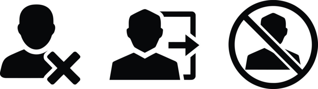 User account icons showing remove user, logout exit sign and forbidden access symbol for web interface or mobile application design