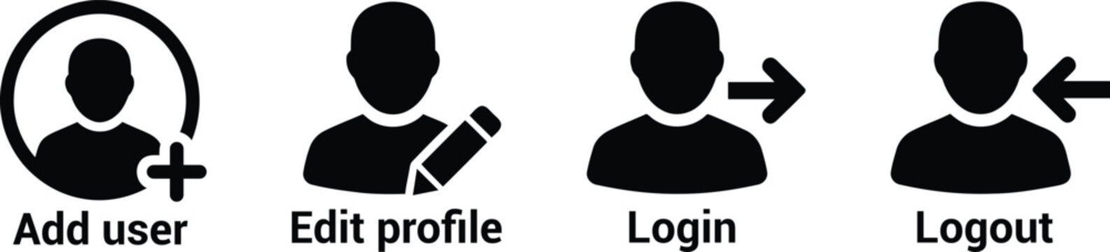 User account icons including add new user edit profile login and logout symbols for website and mobile application interface design