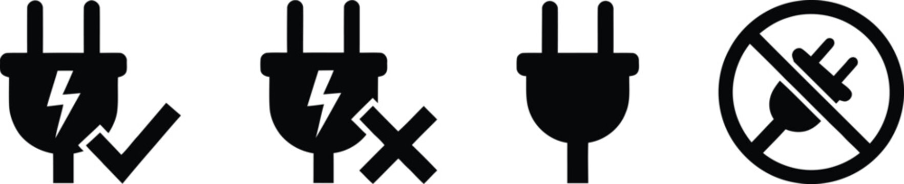 Electric plug icons with check mark and cross symbols representing power status and connection or disconnection for electrical appliances