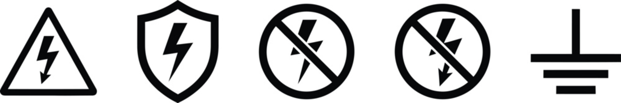 Electrical hazard warning, surge protection, no electricity, and ground symbols or icons for safety signage and industrial equipment