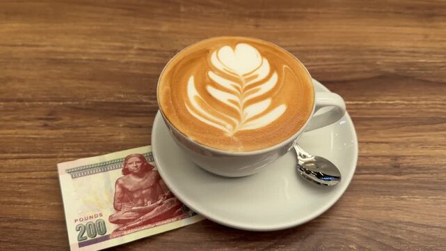 Cappuccino cup on stack of Egyptian pounds, symbol of high cost, expensive coffee, currency value statement.