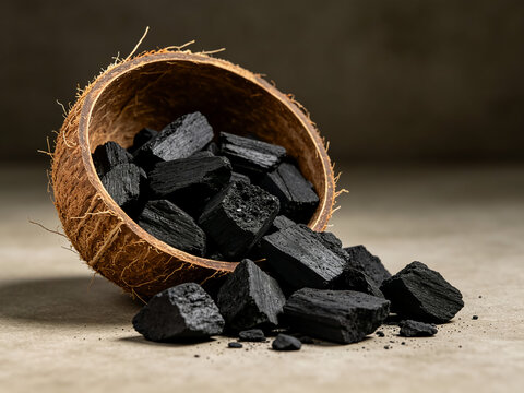 Chunks of black charcoal spilling from a textured coconut shell bowl, showcasing a sustainable source of fuel and activated carbon for wellness.