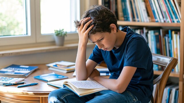 Jeune &eacute;tudiant concentr&eacute; r&eacute;visant ses cours dans une biblioth&egrave;que