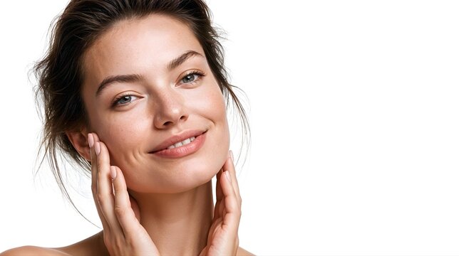 Jeune femme souriante touchant d&eacute;licatement son visage avec ses mains
