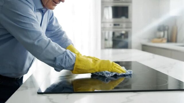 Closeup of a man wearing yellow rubber gloves cleaning a modern black induction stovetop in a bright kitchen