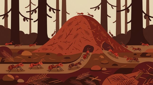 Ant Colony: Busy Ants Working Together Building a Large Anthill in a Forest