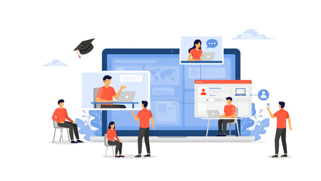 People learning online with laptop computer and digital education classes on a large screen in a modern virtual classroom Vector