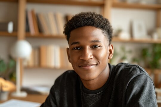Professional head-and-shoulders portrait of a young Black man in a cozy home office setting