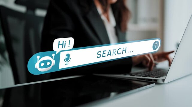 Business professional interacting with AI chatbot on laptop, digital search interface with voice command, modern office environment, technology concept. Entropy.