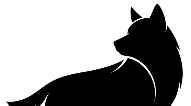 Minimalist black wolf silhouette, profile view, lying down, white background.