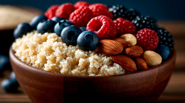 Healthy oatmeal bowl topped with fresh berries and nuts, nutritious breakfast featuring blueberries, raspberries and almonds, wholesome superfood meal for balanced lifestyle and wellness