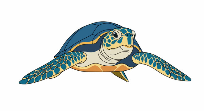 A stylized illustration of a blue and yellow sea turtle with textured shell and flippers