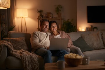 Obraz premium Relaxed couple on a sofa enjoying digital entertainment together in a warm living room