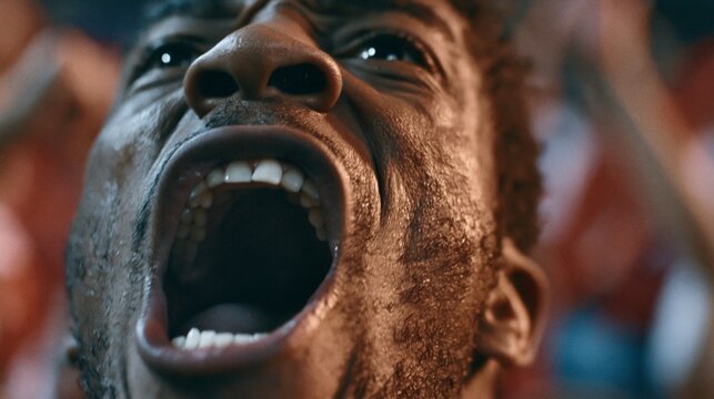 Detailed shot highlighting a soccer players front tooth peeking between open lips emphasizing the physical effort of midgame action in front of cheering fans.