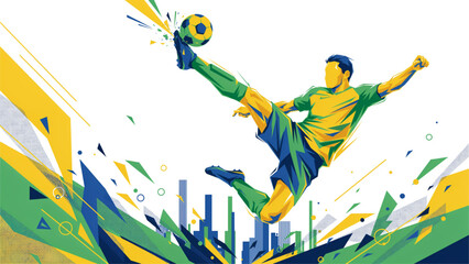 Pixel art soccer player kicking a ball with dynamic motion and vibrant brazil colors for a sports graphic design element Vector © mdlimon